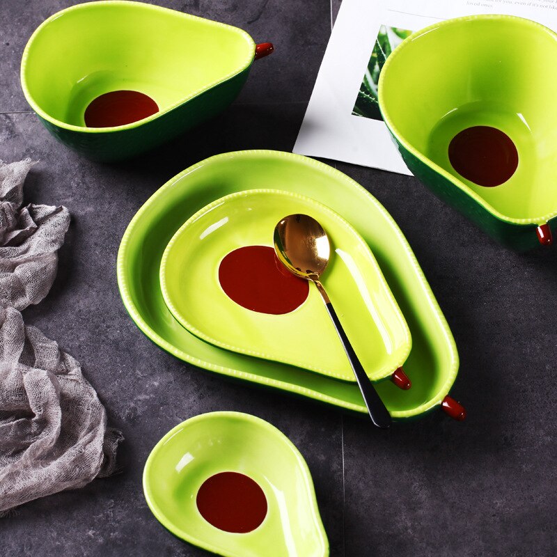 Nyhed enorm sød grøn avocado form keramisk frugtsalat plade snack fad ris suppeskål bordservice leverer 6.5 tommer /8 tommer plade