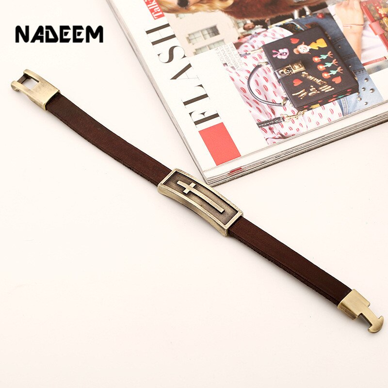 NADEEM Cross Charm Brown Leather Bracelet Men Male Vintage Punk Cross Charm Cuff Bracelet Bangle Jewelry Pulse