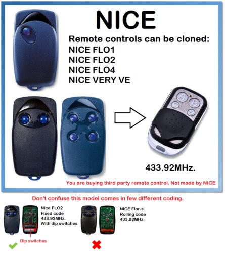 NICE FLO1 FLO2 FLO3 FLO4 Universal Remote Control Garage Door Gate Clone Fob 433.92mhz fixed code