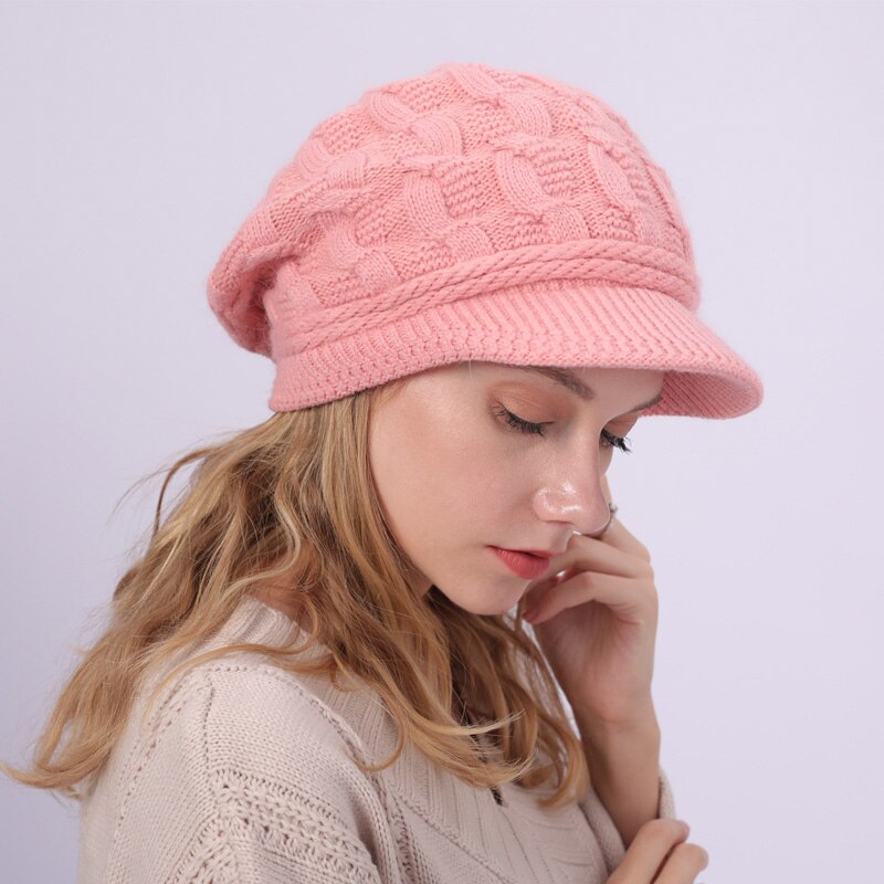 Bonnet d&#39;hiver en fourrure de lapin pour Femme, tricot, Crochet, Ski, Skullies: Pink