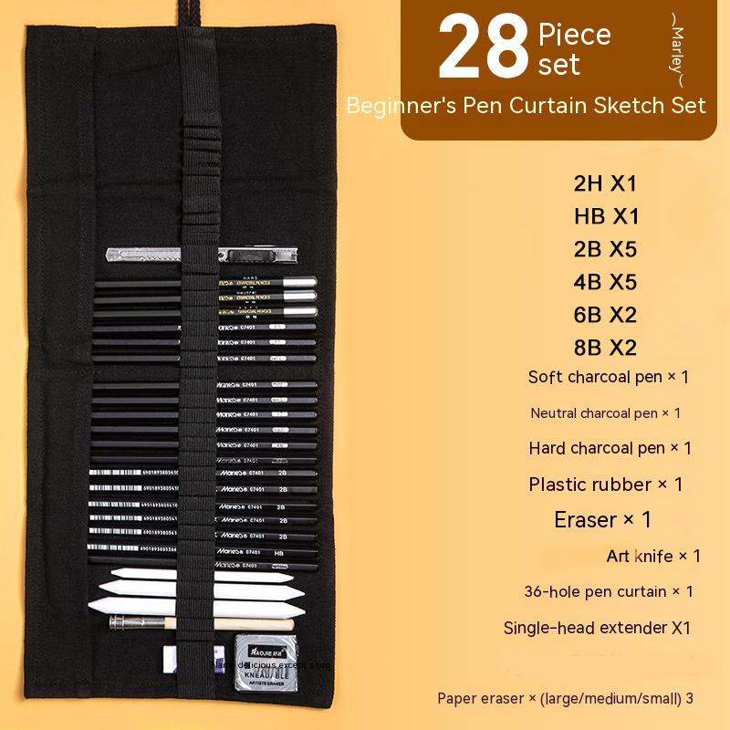28/38/44 pcs Sketch Pencils Set Roll Up Canvas Wrap Sketching Pencil Bag Case Art Drawing Supplies Charcoals Kneaded Eraser Kit: WHITE