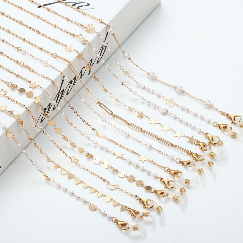 Gold Metal Glasses Chain Bohemian Hanging Sunglasses Chain Rose Flower Pearls Eyeglass Cord Holder Eyewear Rope Jewelry