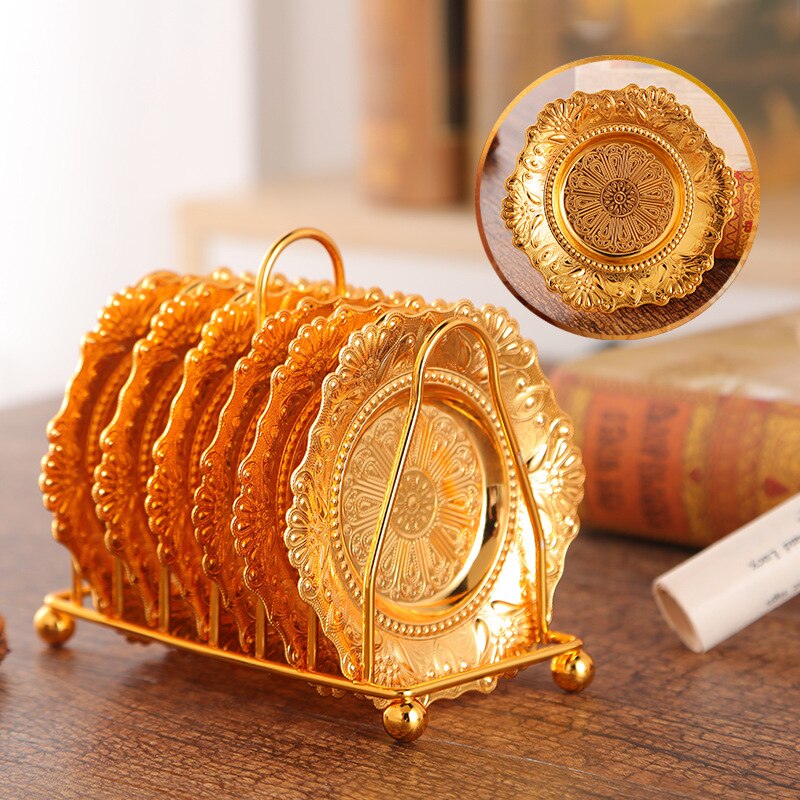 6pc Classical Golden Cocktail Metal Coaster Continental Vintage Zinc Alloy Plated Gold Plated Mat placemat diameter 10.5cm: Phoenix tail golden