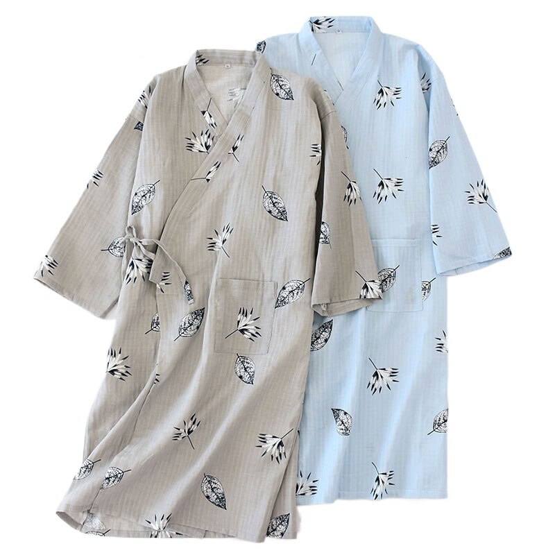 Menns vevd bomullsgasbind tynne badekåper til sommer dobbeltlags lange badekåper pustende og komfortabel hjemmekåpe