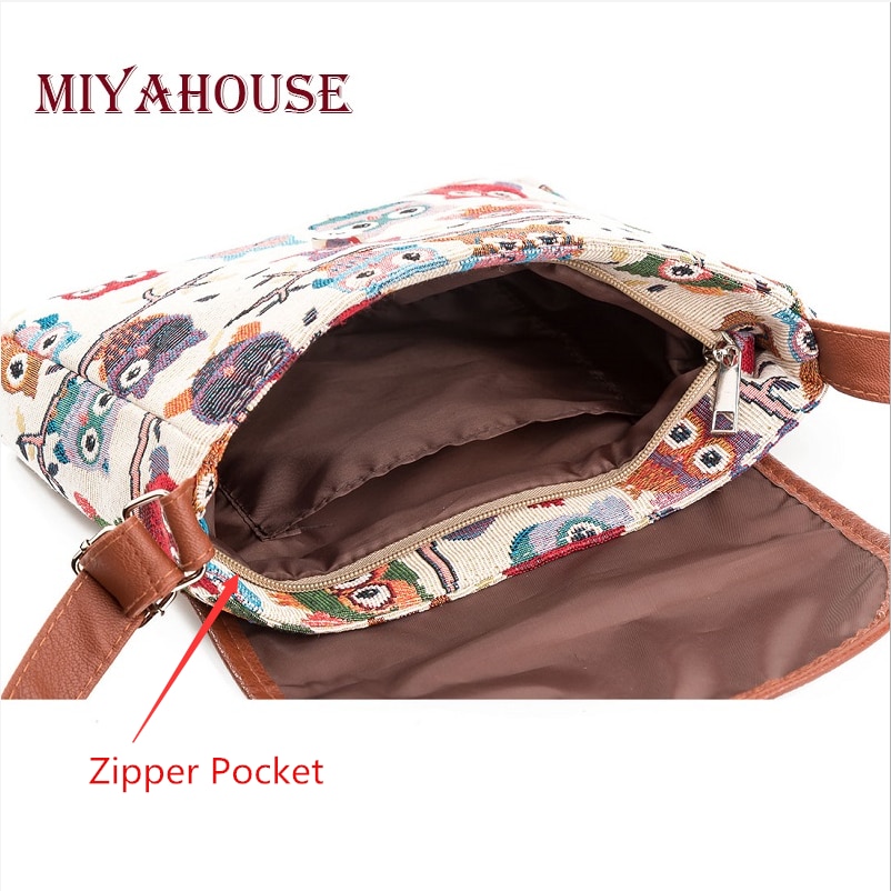 Miyahouse Donne di Estate Borse A Tracolla Flap Bag Della Signora di Tela di Canapa Del Fumetto Del Gufo Stampato Crossbody Borse A Spalla Piccola Femmina Borse