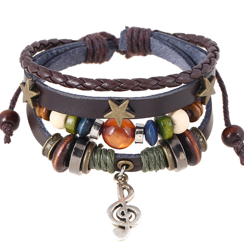 Ręcznie robiony Boho Gypsy Hippie Design brązowa skórzana gwiazda G klucz wiolinowy uwaga metalowe zawieszki guzik drewniany koraliki Wrap Unisex regulowana bransoletka