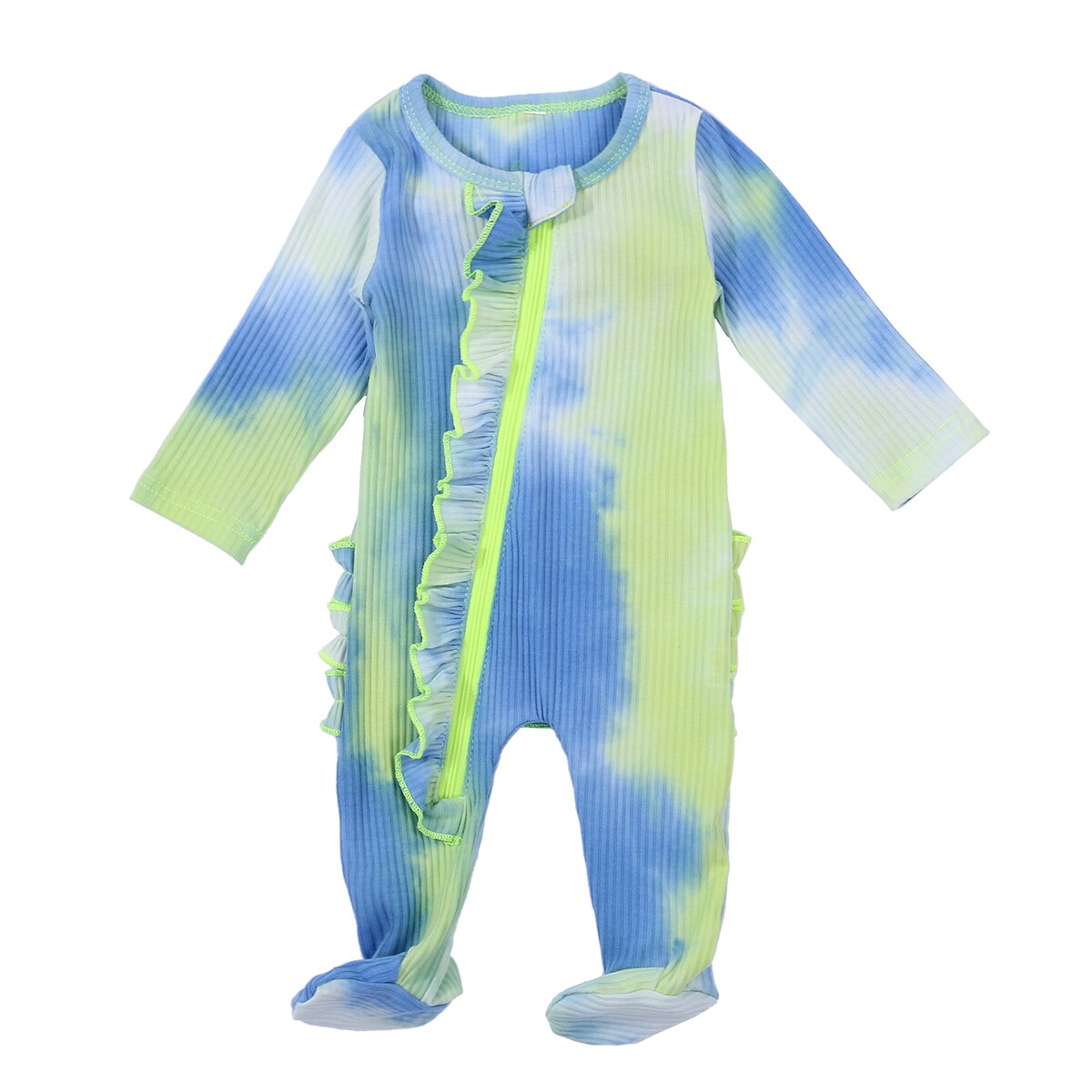 0-6M Pasgeboren Baby Meisjes Jongens Geribbelde Romper Baby Tie-Dye Print Lange Mouwen Ronde Hals Ruche betaalde Rits Jumpsuit: B / 3M