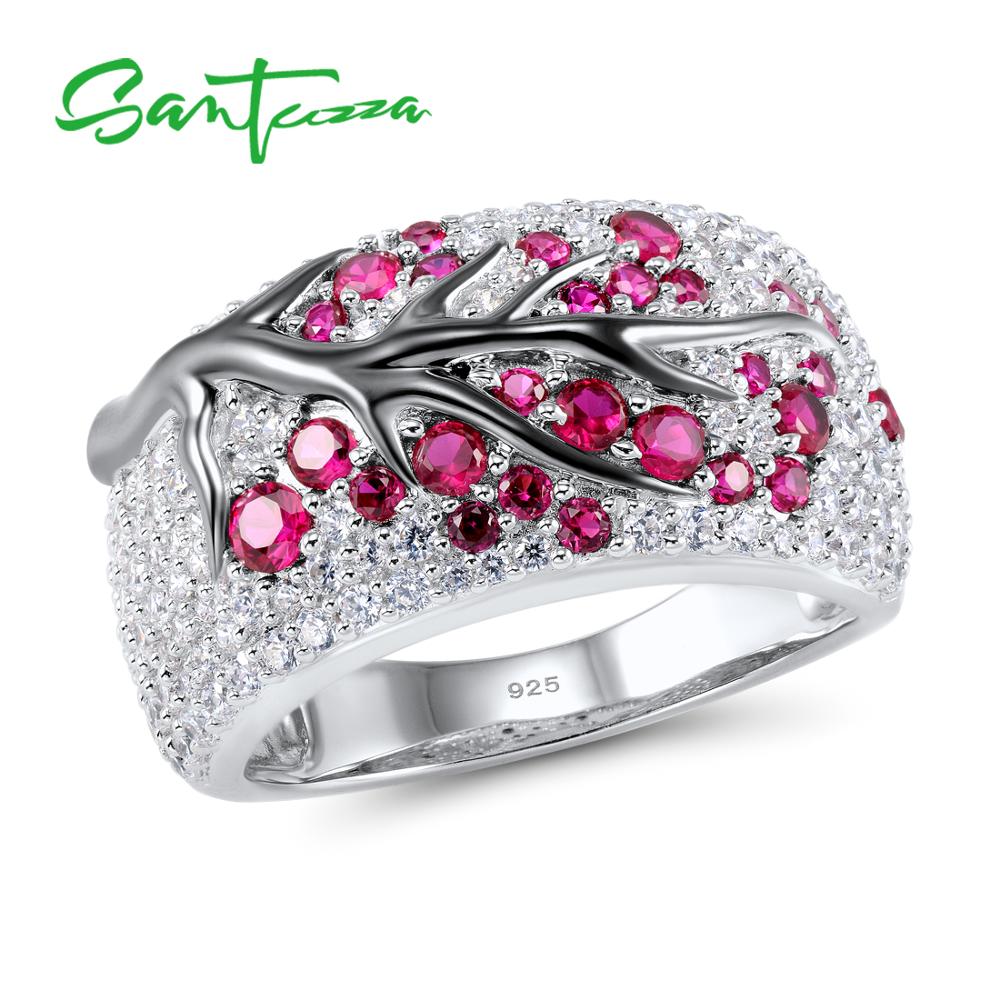 SANTUZZA Silver Ring for Women Genuine 925 Sterling Silver Pink Cherry Tree Cubic Zirconia Ladies Delicate Jewelry