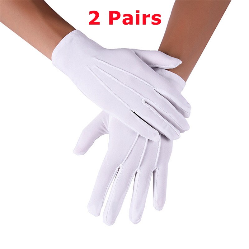 Gants noirs en coton pour hommes et femmes, 2 paires, uniformes à doigt complet, mitaines de Costume, gants à main extensibles pour smoking, conduite, service, travail: White 2 Pairs