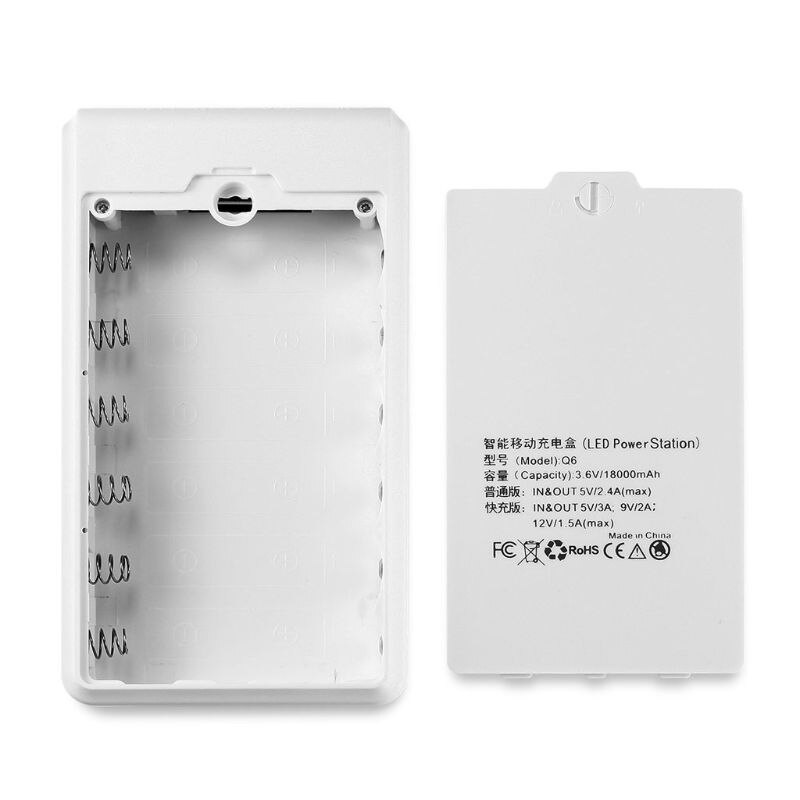 Scatola DIY Power Bank - Batteria 6x 18650 - Uscita USB 5V 2.1A - Ingresso Micro USB/Type-C - Plastica: Bianco