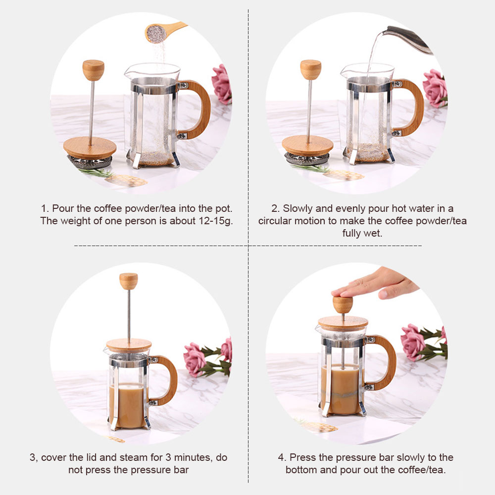 French Coffee Pot Heat-Resistant Filter 350ml Wooden Cover French Press Coffeepot Stainless Steel Glass Teapot