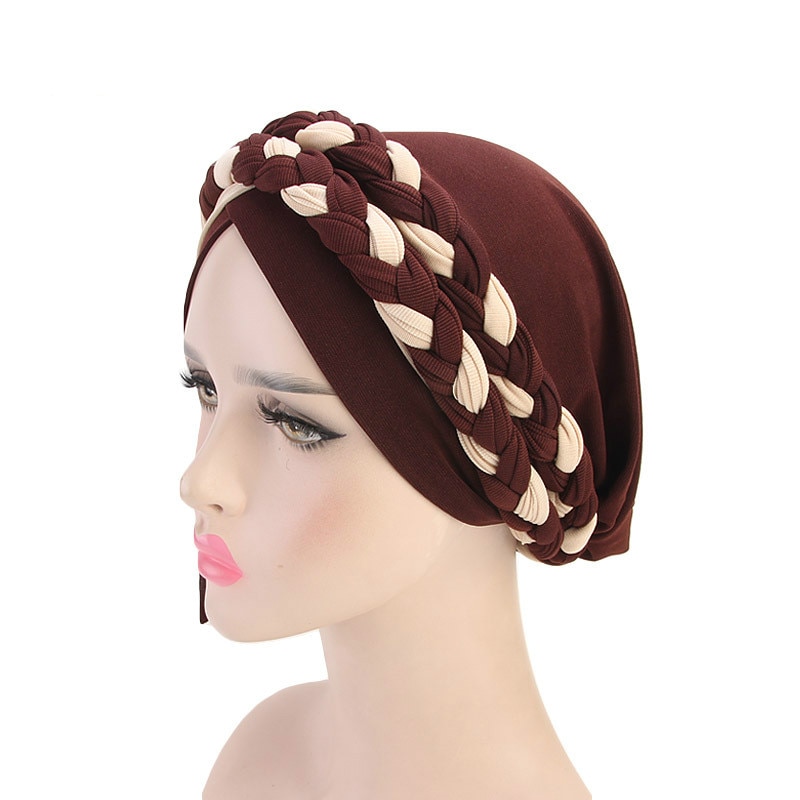 Musulman Double couleur tresses Stretch Turban à volants cheveux chapeaux Beanie Bandanas foulard Turban chapeaux pour les femmes 08