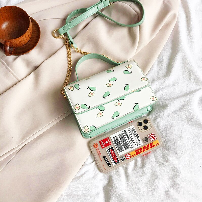 Bolso de verano con estampado de aguacate para mujer y niña, bolsas de mensajero de hombro con solapa, cadena cruzada