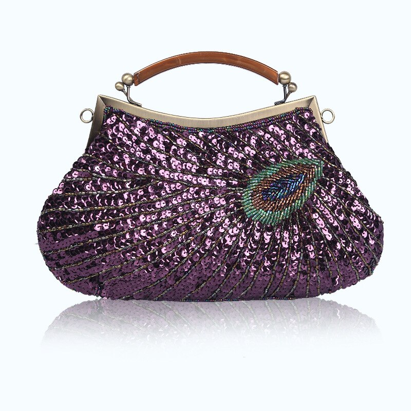 Sac à main paon perlé fait à la main pour femmes, sac de soirée Vintage dames, paillettes, Banquet, maquillage, sac à bandoulière: Violet