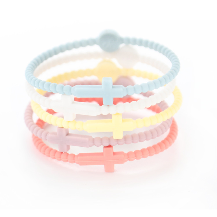 Jesus Bracelets - Cross & Macaron-colored Beaded Silicone Bracelets for Women Men Girls Boys Kids Aldult: 17.5cm / Pure Gold Color