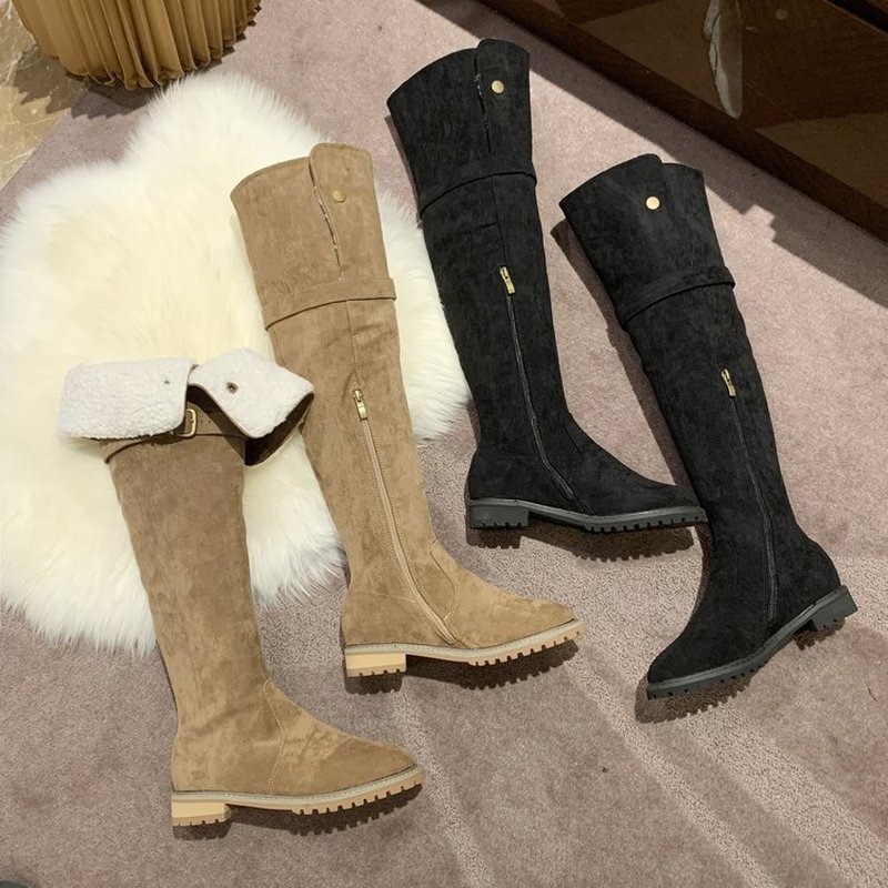 Women's Over The Knee High Boots Winter Plush Velvet Long Tube Suede Stretch Warm Fur Snow Boots Black Khaki Platform Shoes