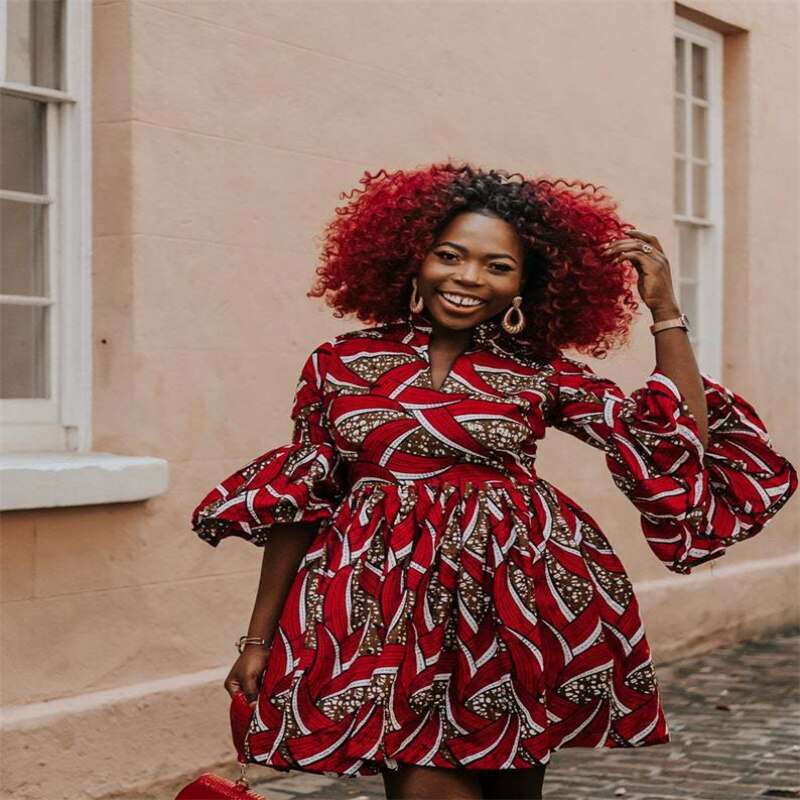 Womens African Ankara Print Maxi Dress Traditional Casual Outfits Attire Lotus Sleeve V Neck African Women's Clothing