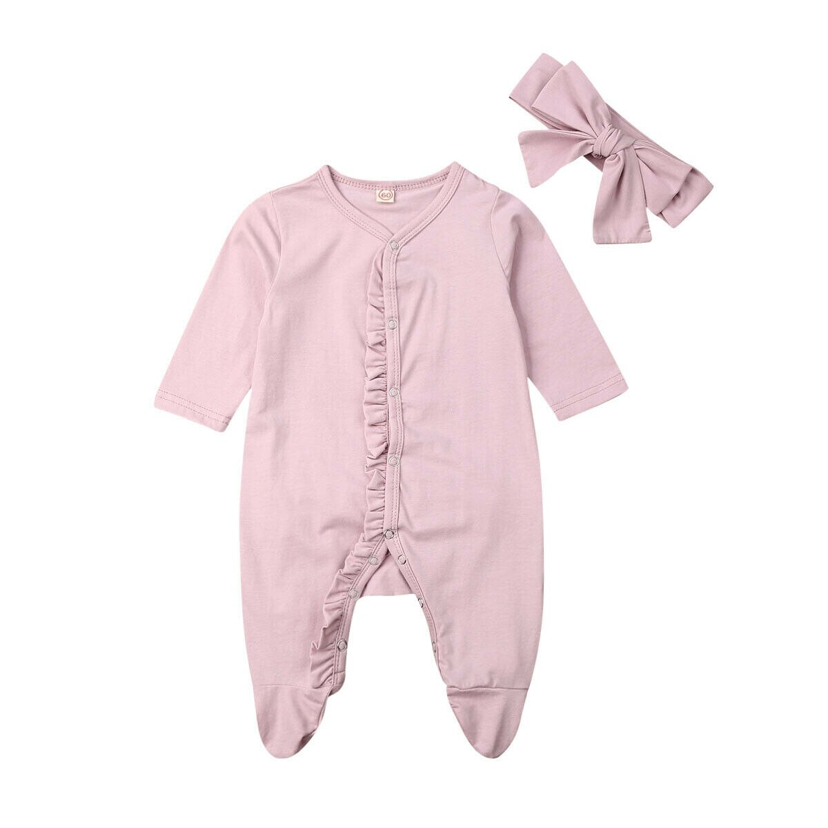 0-12m nyfødte baby dreng pige langærmet flæser ensfarvet bomuld fodfod pandebånd 2 stk nattøj baby tøj: Lilla / 3m