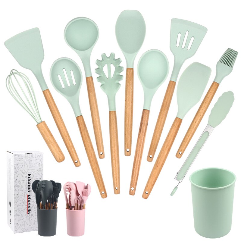 12Pcs Silicone Cooking Utensil Set Wooden Handle Spatula Soup Spoon Brush Ladle Pasta Colander Non-stick Cookware Kitchen Tools