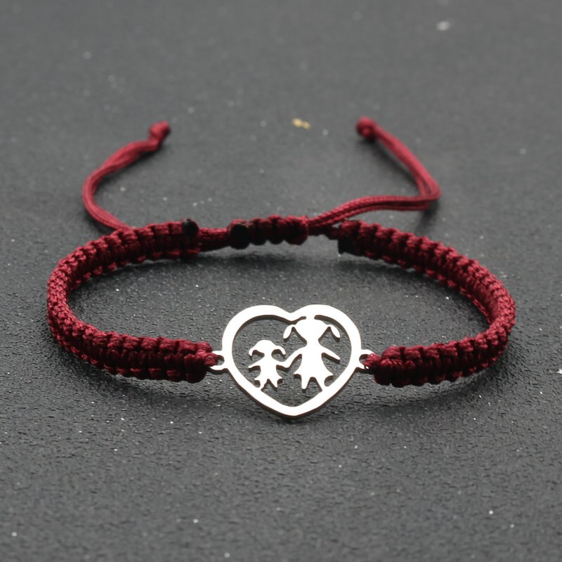 Ręcznie plecione liny bransoletka ze stali nierdzewnej w kształcie serca matka i córka uroku bransoletki dla kobiet biżuteria mankiet Pulsera: Red wine