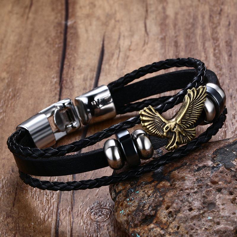 Vnox eagle flying mænd armbånd beaded charms pu læder armbånd & armringe kvinder vintage smykker