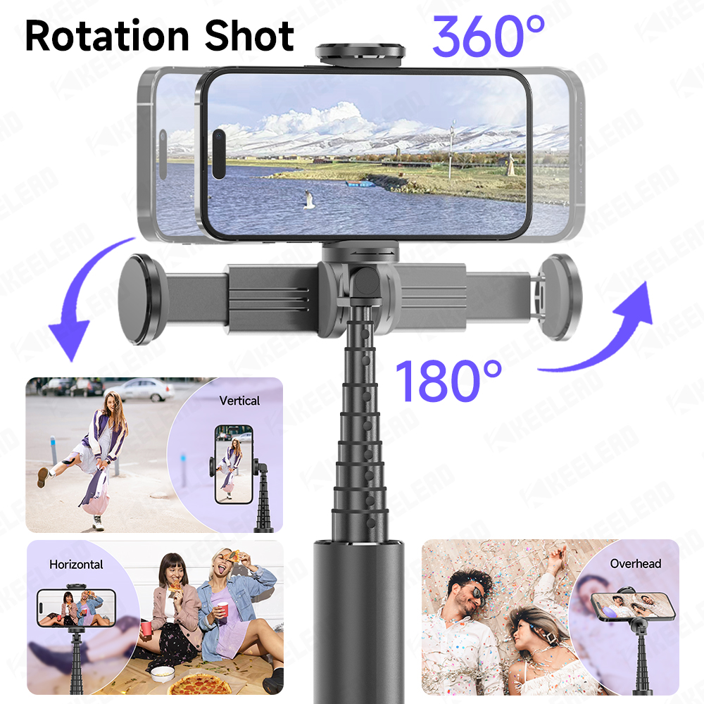KEELEAD Statief Uitschuifbare paal Draagbare Selfie Stick Telefoonstandaard voor mobiele telefoons 360° ° Rotatie-opname vlog met afstandsbediening