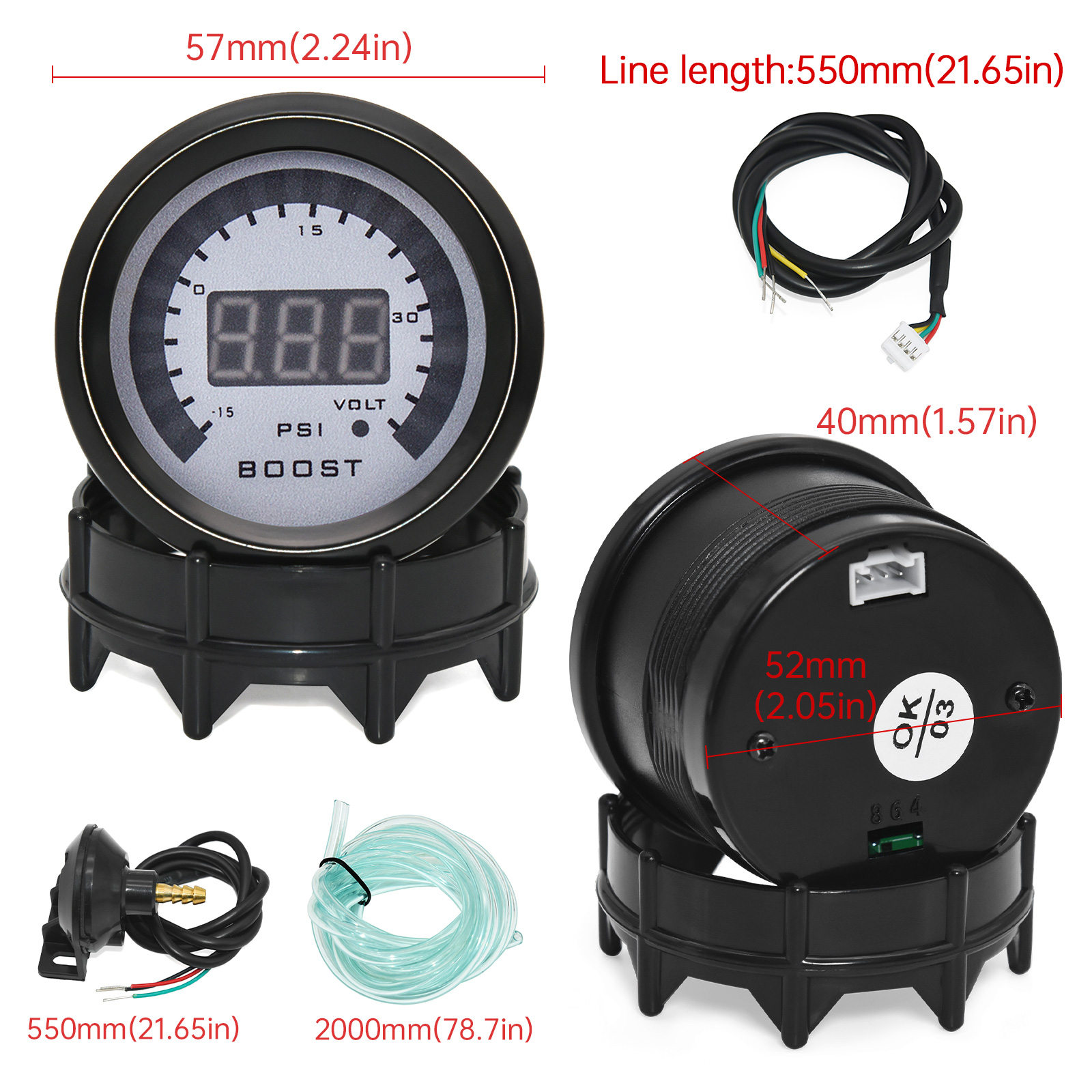 52MM Digitales LED-Boost-EXT-Abgastemperatur-Messgerät, Voltmeter, Spannungs-Luft-Kraftstoff-Verhältnis-Anzeige, Öldruck- und Öltemperaturmesser, Auto-Messgerät
