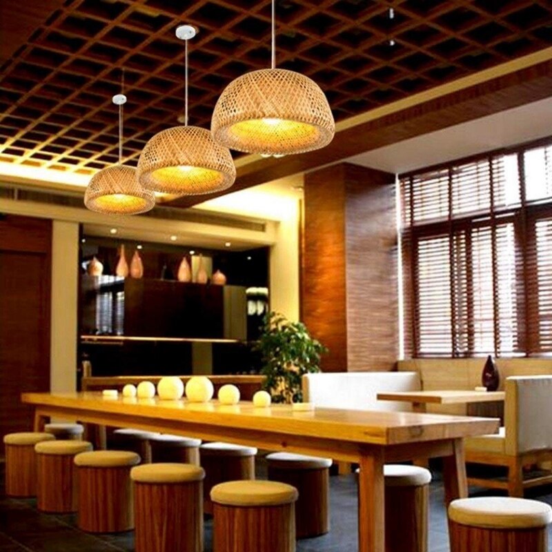 Bamboo Wicker Rattan Lampshade Hand-Woven Double Layer Bamboo Dome Lampshade Asian Rustic