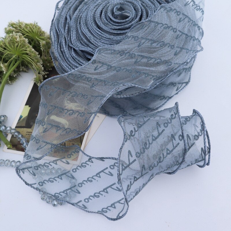 Cinta de Organza con estampado de letras flocadas, borde ondulado para envolver artesanales, decoración del hogar y , 55mm, 5 yardas/lote: Gray