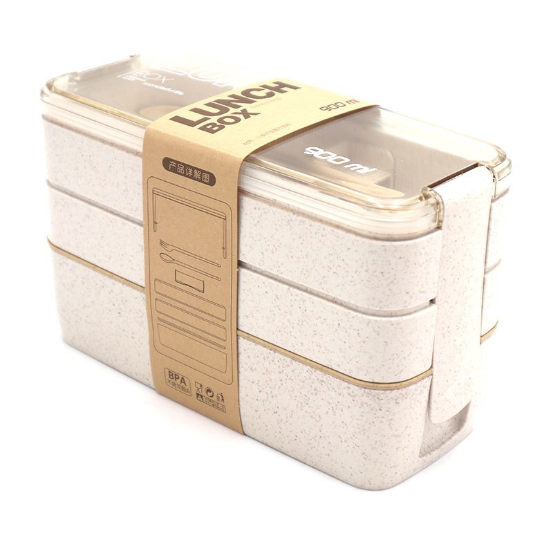 900ml Healthy Material 3 Layers Lunch Box Wheat Straw Bento Boxes Microwave Dinnerware Food Storage Container Lunchbox: 3 Layer Beige New