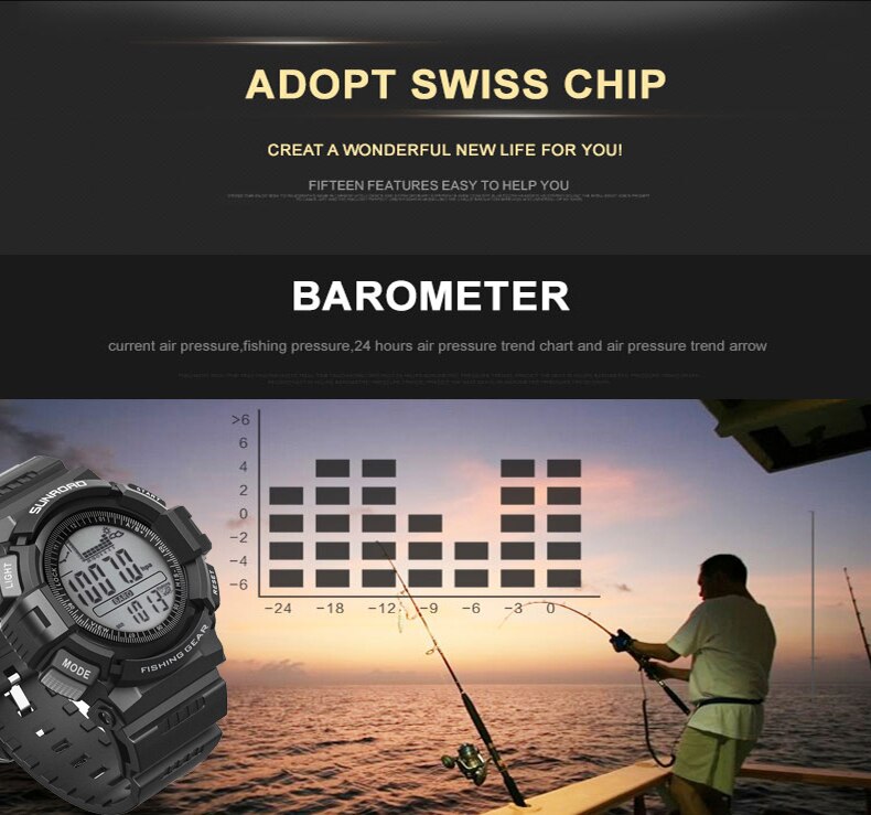 Heren digitaal sporthorloge zwart - weersvoorspelling, waterdicht, voor wandelen, kompas, barometer, hoogtemeter, horloge met thermometer