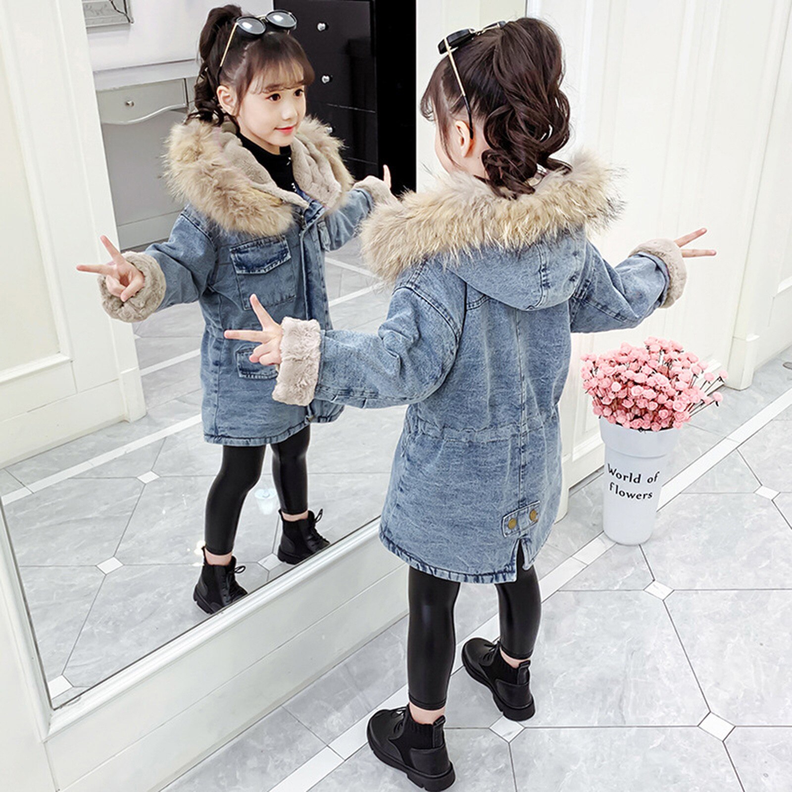 Baby-En Najaar Kleding Peuter Kind Baby Girl Hooded Wollen Kraag Warme Riem Denim Jas Jas Jas Kleding Voor kids