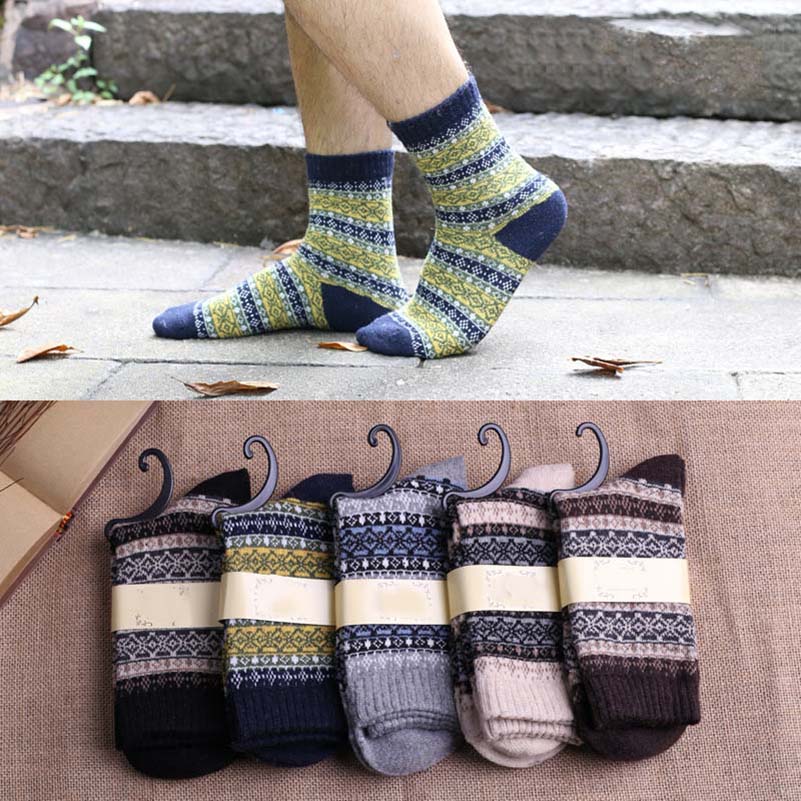 Lkwder 5 par/parti witner mænd sokker tykke varme uld sokker vintage jule sokker farverige sok meias calcetines hombre: C