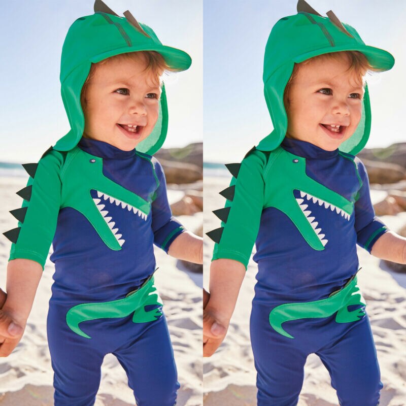 Bañador de playa para chico, traje de baño de dinosaurio, traje de baño protector solar + conjunto de sombrero, ropa de playa