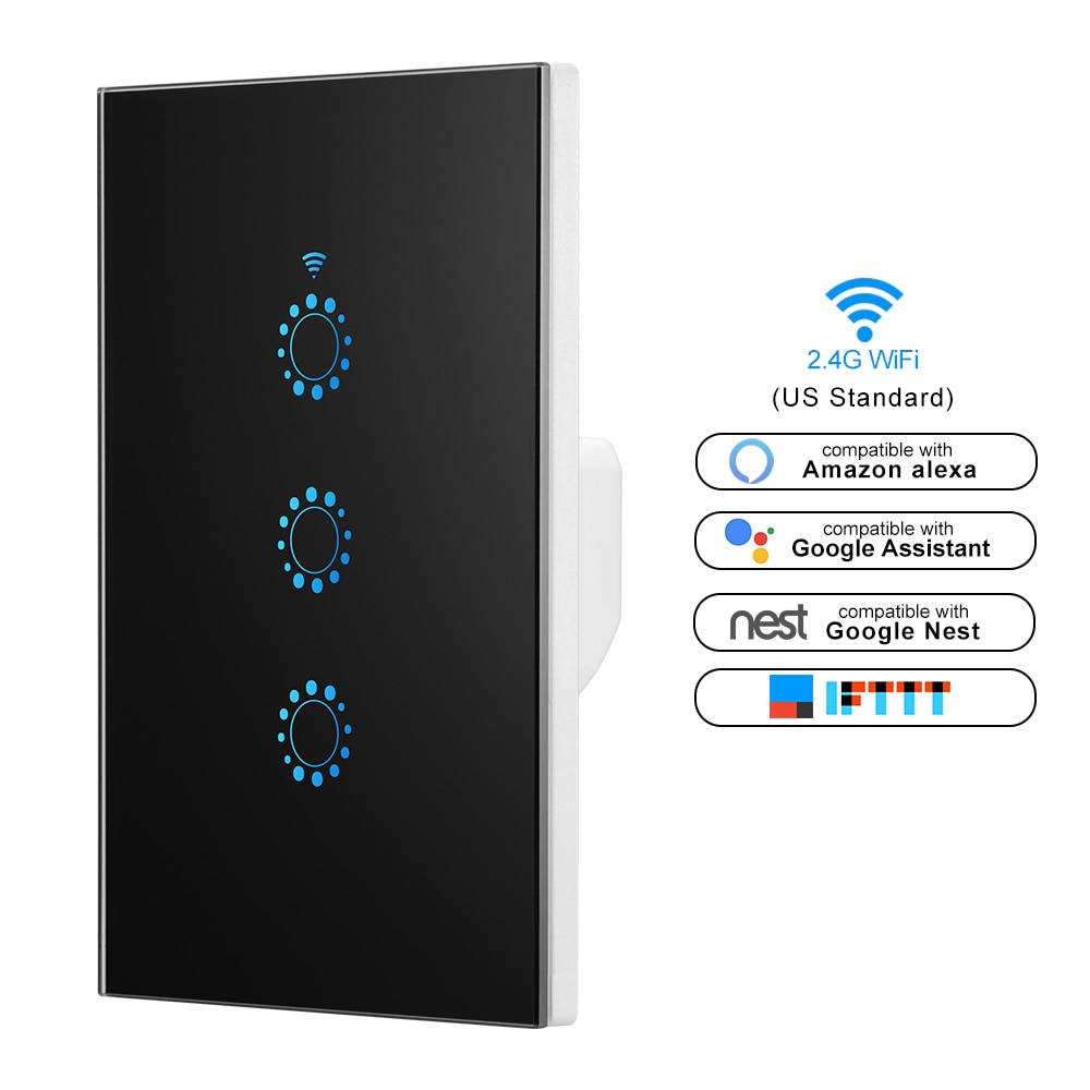 WiFi Light Switch Touch Control 1 2 3 Gang Wall Mount US Standard Smart Switch for Alexa Google Assistant IFTTT for Android iOS