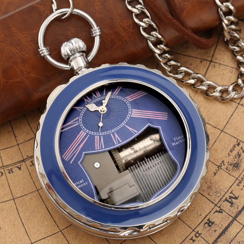 Reloj de bolsillo con movimiento Musical, pulsera de mano con superficie luminosa azul Steampunk, cadena FOB, Manivela para reproducir música, reloj de cuarzo único