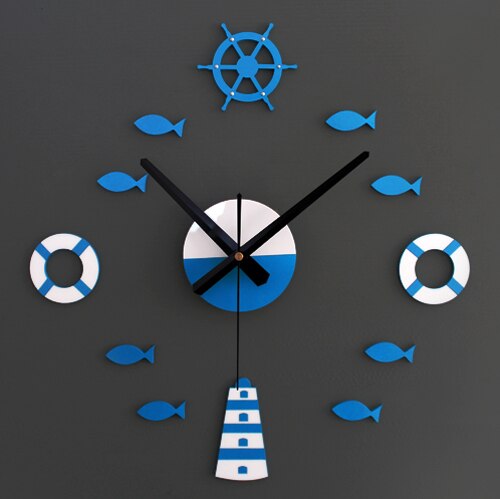 Relojes adhesivos de pared para el hogar, boya de vida, barco de mar azul, Relojes de pared tipo peces, para habitación de niños, decoración de pared, relojes de marinero