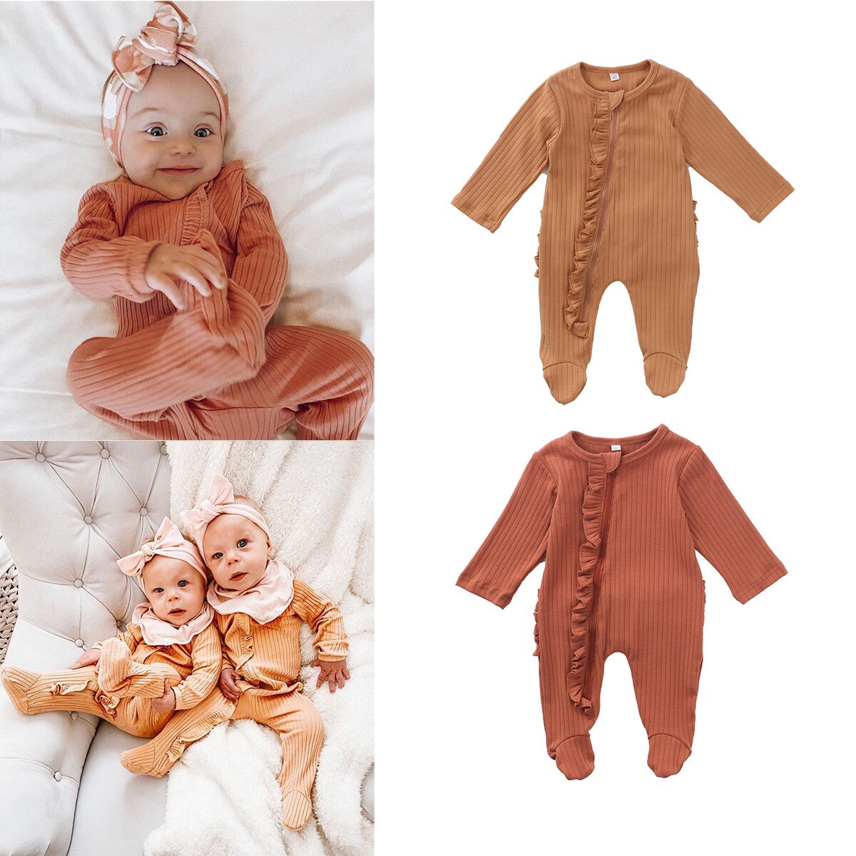 Pasgeboren Baby Meisjes Jongens Deken Dwarsliggers Solid Lange Mouwen Rits Ruches Warme Herfst Nachtkleding 0-6M