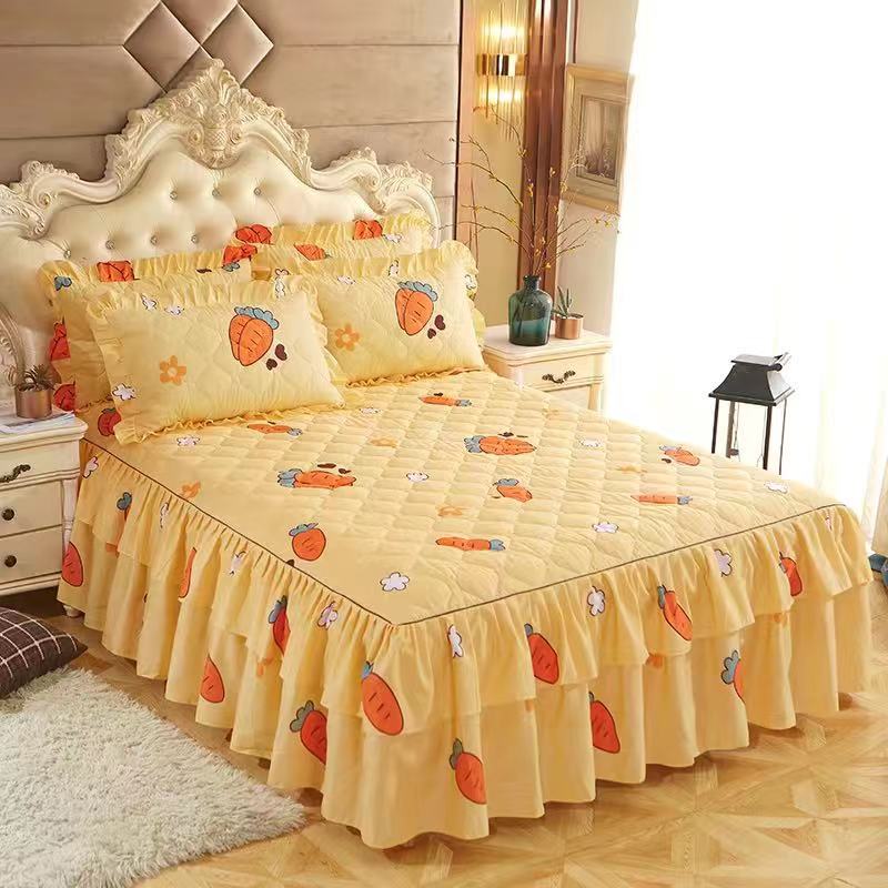 150*200Cm Pastorale Bed Cover Effen Bed Cover Lakens Katoen Gewatteerde Kant Sprei Kant Laken Ondersteuning: 2pcs Pillowcases E