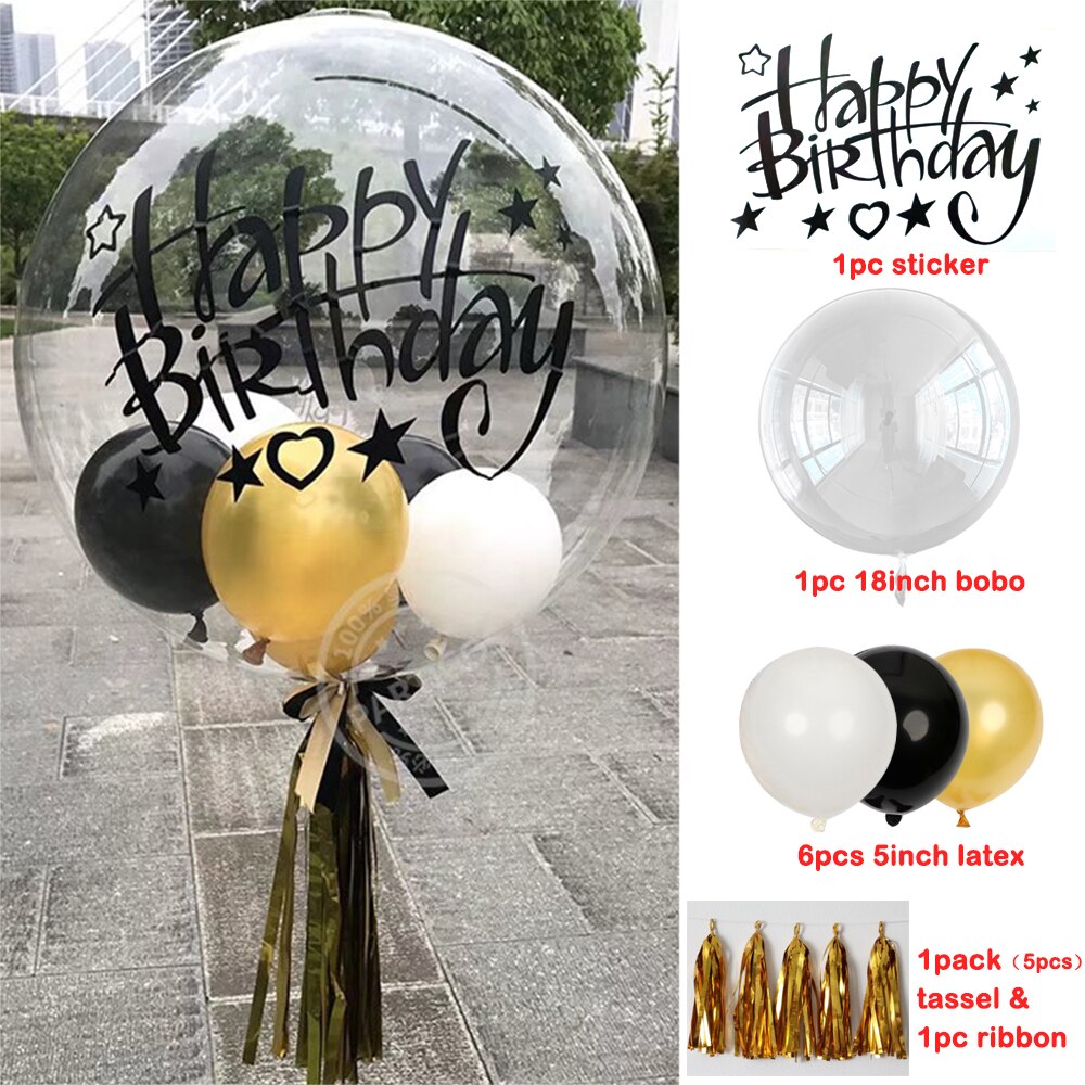 14pcs/set 18inch Transparent Bubble Balloons Helium Clear Bobo Globos Happy Birthday Stickers DIY Red Black Event Party Decor: black gold set