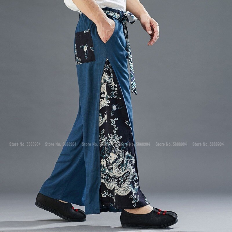Uomini retrò del Drago di Stampa Giapponese Harajuku pantaloni Larghi del Piedino Pantaloni di Stile Cinese di Kung Fu Tai Chi Gonne E Pantaloni Spiaggia del Cotone casuale Allentato pantaloni