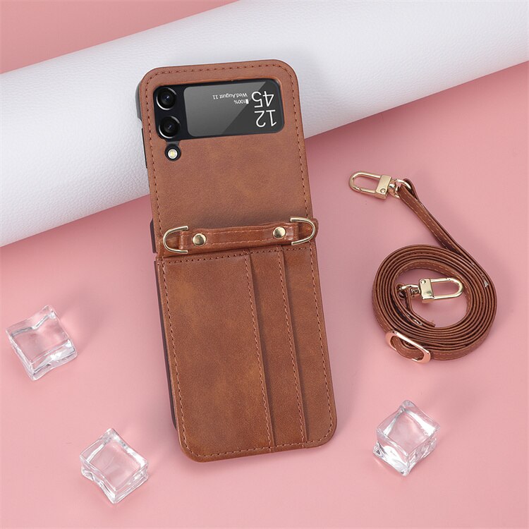 Lanyard Geïntegreerde Schokbestendig Card Slot Leather Case Voor Samsung Galaxy Z Flip 3 Flip3 5G Anti-Kras Beschermende telefoon Cover: Brown