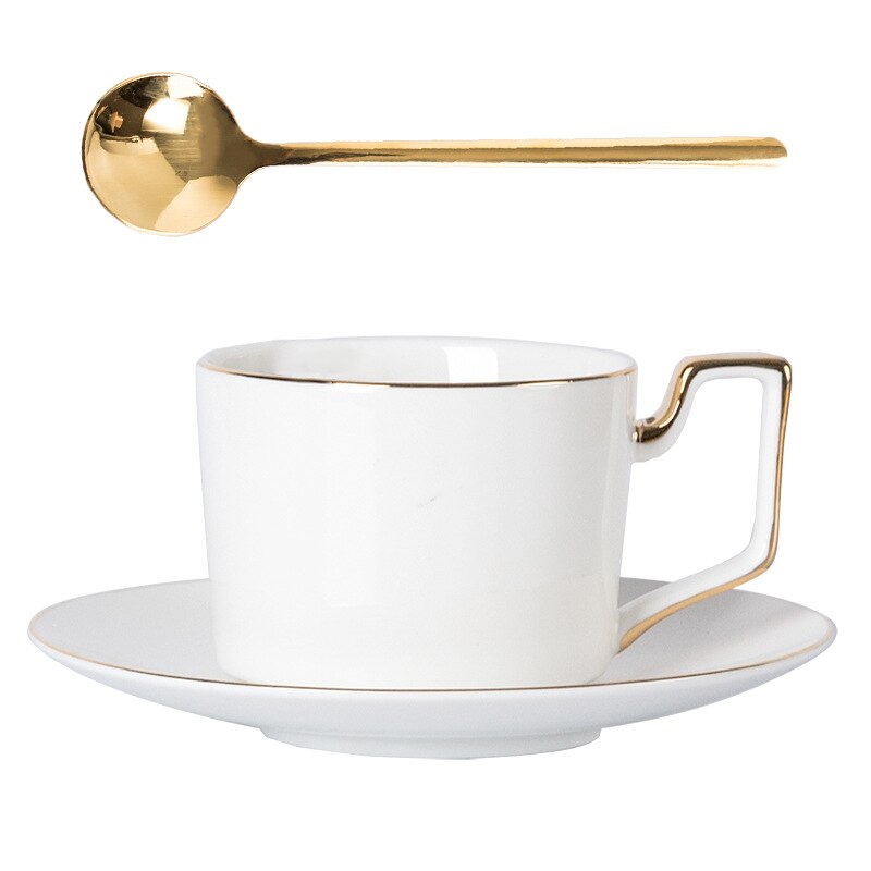 British Style Luxury Moroccan Coffee Cup and Saucer Set with Gold Handle 220ml Ceramic Afternoon Tea Cup Porcelain Drinkware: Solid White