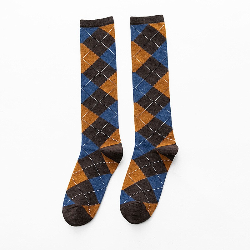 Dreamlikelin Autumn Winter Harajuku Girls Cotton Socks Female Uniform Argyle Socks Wing Rhombus Kawaii High Tube Knee Socks: StyleB Orange