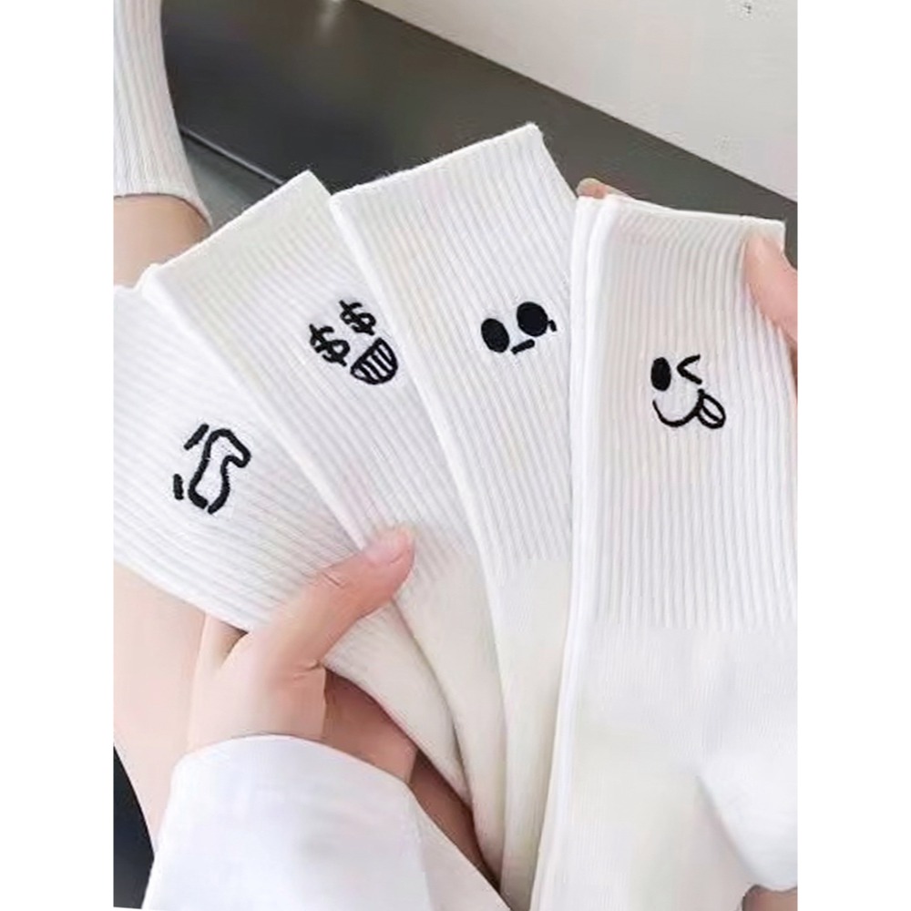 1/5 paar damessokken, puur witte sokken, herfst- en winterlange sokken, dikke pluche katoenen sokken, schattige emoticon tas sokken
