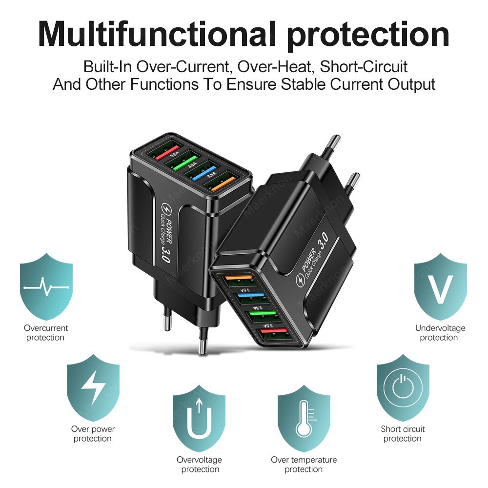 5.1A Quick Charge 4 Ports Universal Fast Charging EU US Plug Power Adapter For Samsung S10 iPhone12 Tablet Mobile Phone Charger