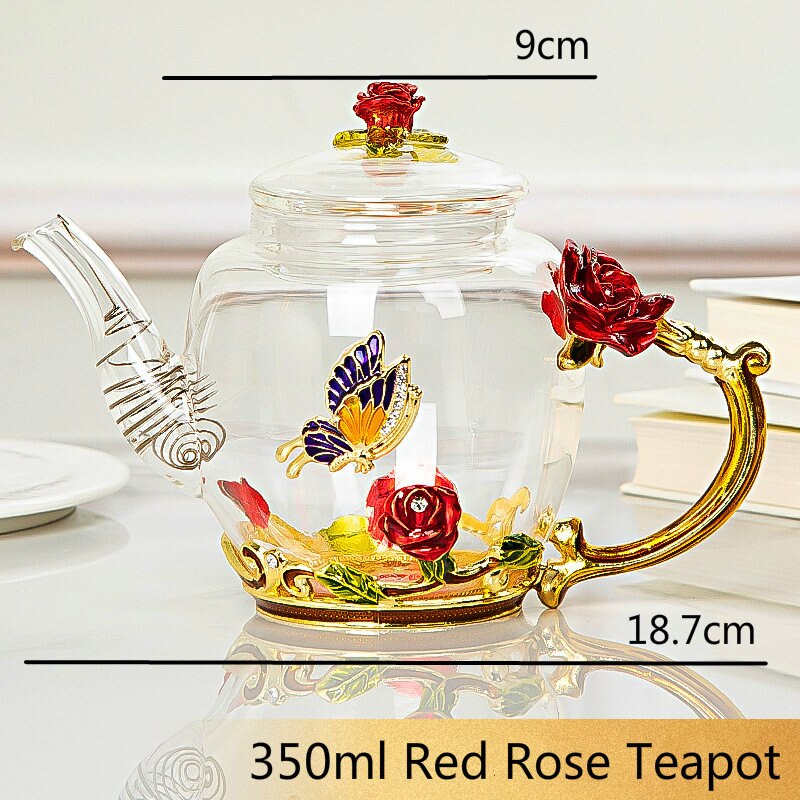 Juego de té de cristal con esmalte de rosa roja, juego de tazas de vidrio para té con flores, tazas de vidrio para té para bebidas calientes y frías, juegos de té y la Oficina para el hogar,