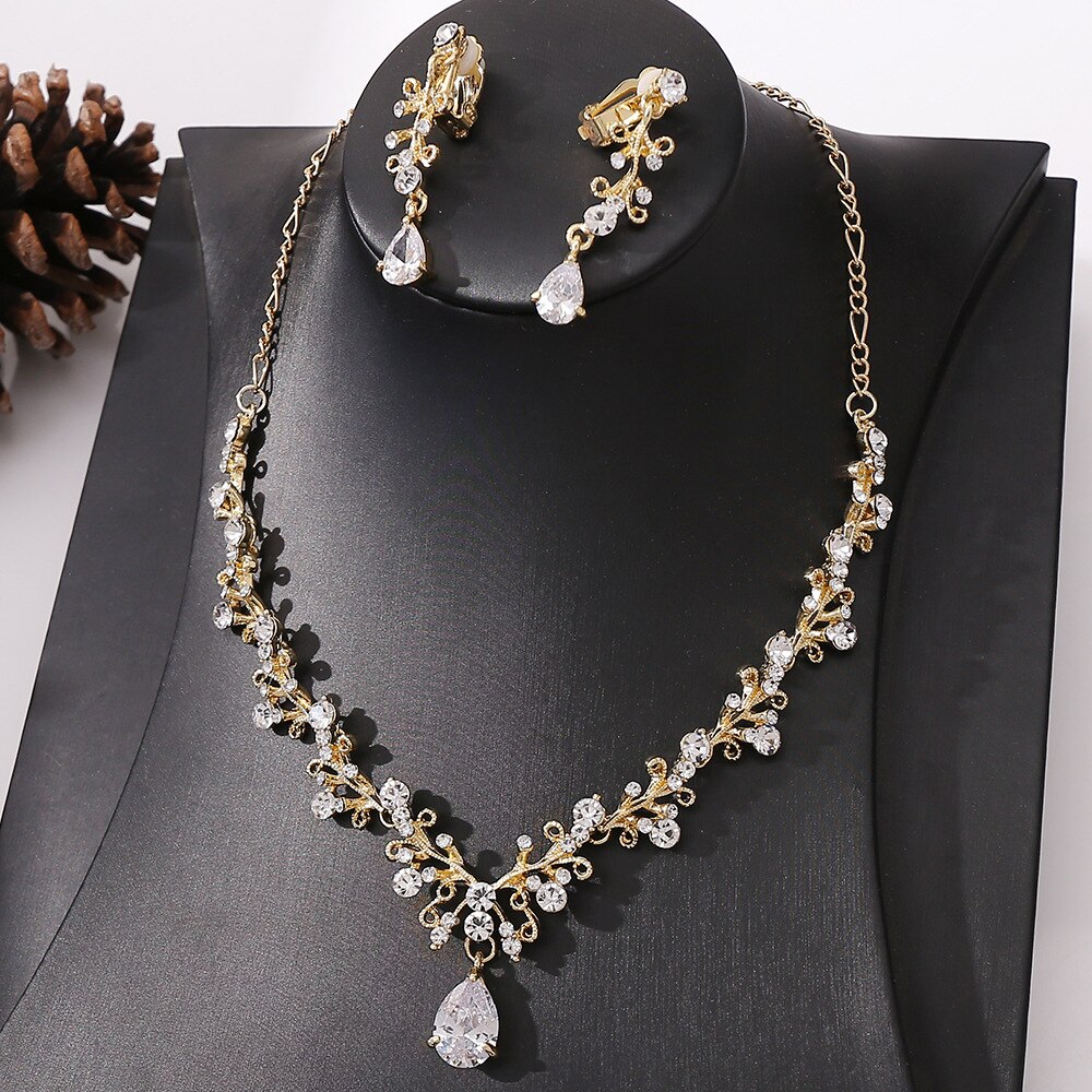 Baroque Gold Rhinestone Bridal Jewelry Sets Women Crystal Tiaras Crown Necklace Set Earrings For Bride Wedding Hair Accessories