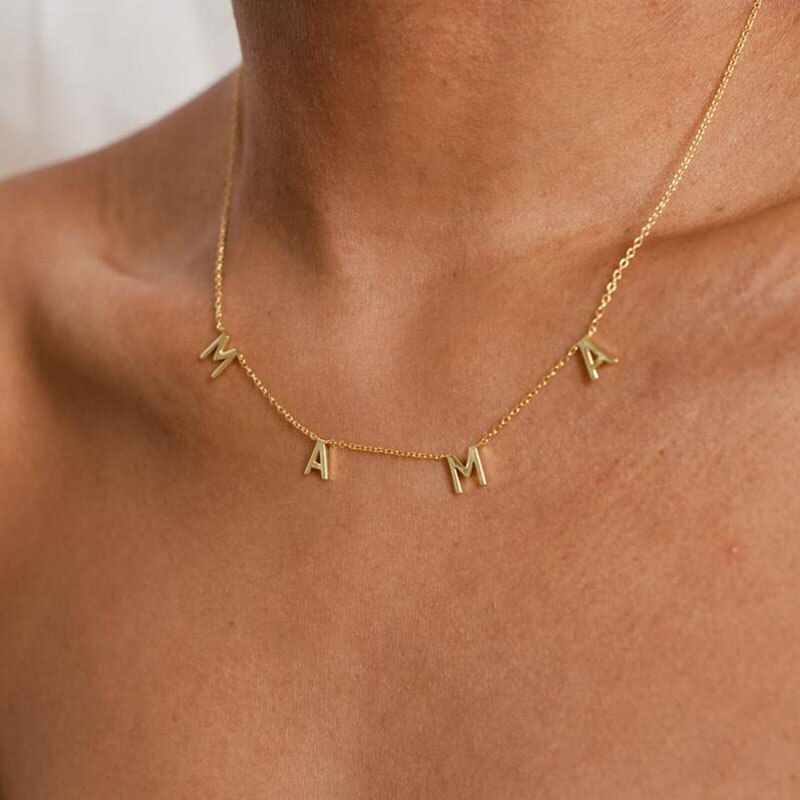 Collares minimalistas con letras de MAMA para mujer, joyería con placa con nombre, collares con iniciales de oro rosa de acero inoxidable, para el día de la madre