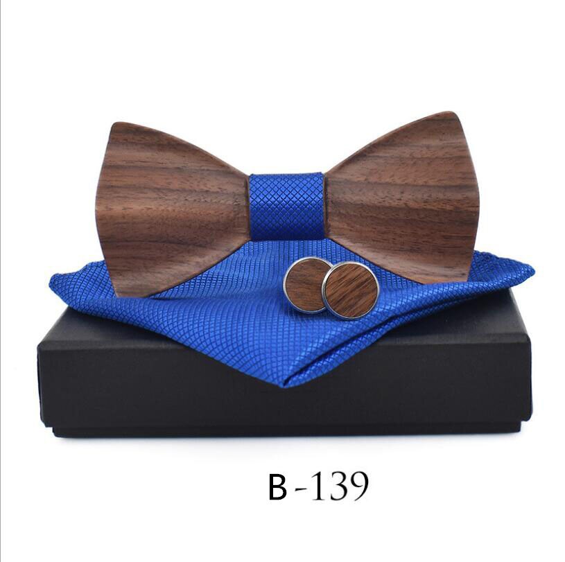 RBOCOTT pajarita de madera hecha a mano juego de gemelos y pañuelo pajarita 3D para hombres bolsillo de madera cuadrado con caja de para la boda de los hombres: B139